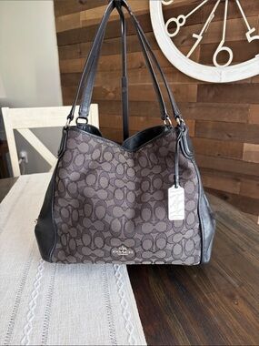 Coach Edie 31 Brown Signature Jacquard Shoulder Bag with Black Leather Trim